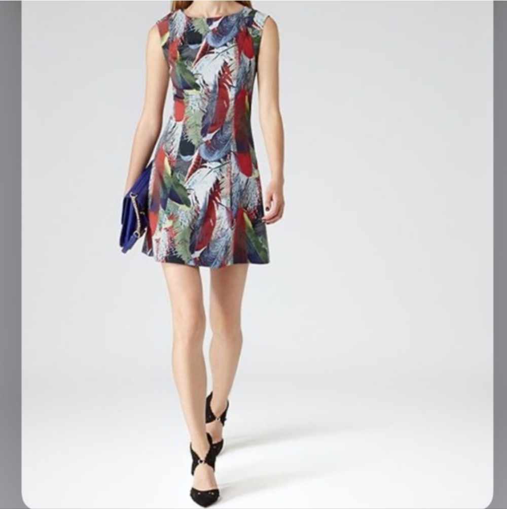 REISS | Ottoline Feather Print Dress Size US 8 Blue Green Red White Colorful